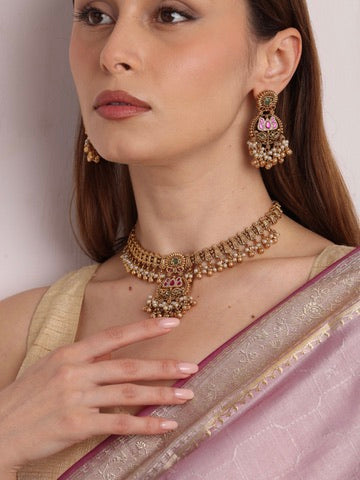 Kamal Rani Ruby Green Lotus Necklace Set
