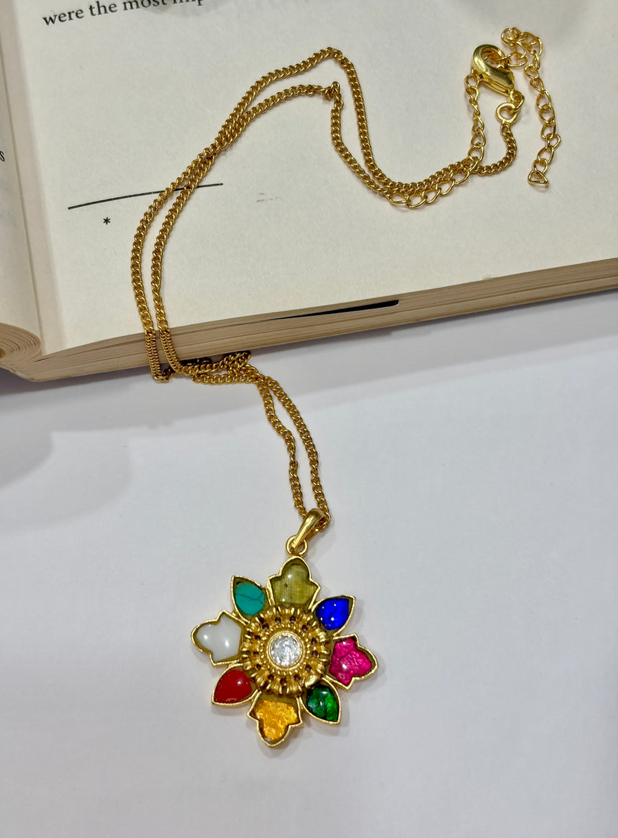 Rangrez Navratna Floral Pendant Necklace