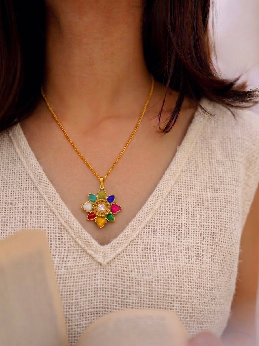 Rangrez Navratna Floral Pendant Necklace