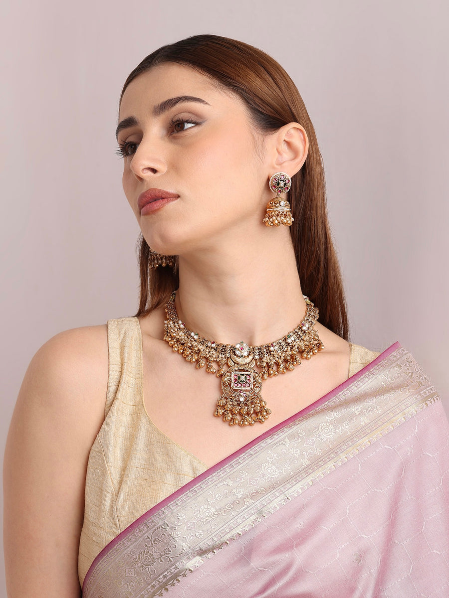 Kalash Ruby Green Motif Necklace Set