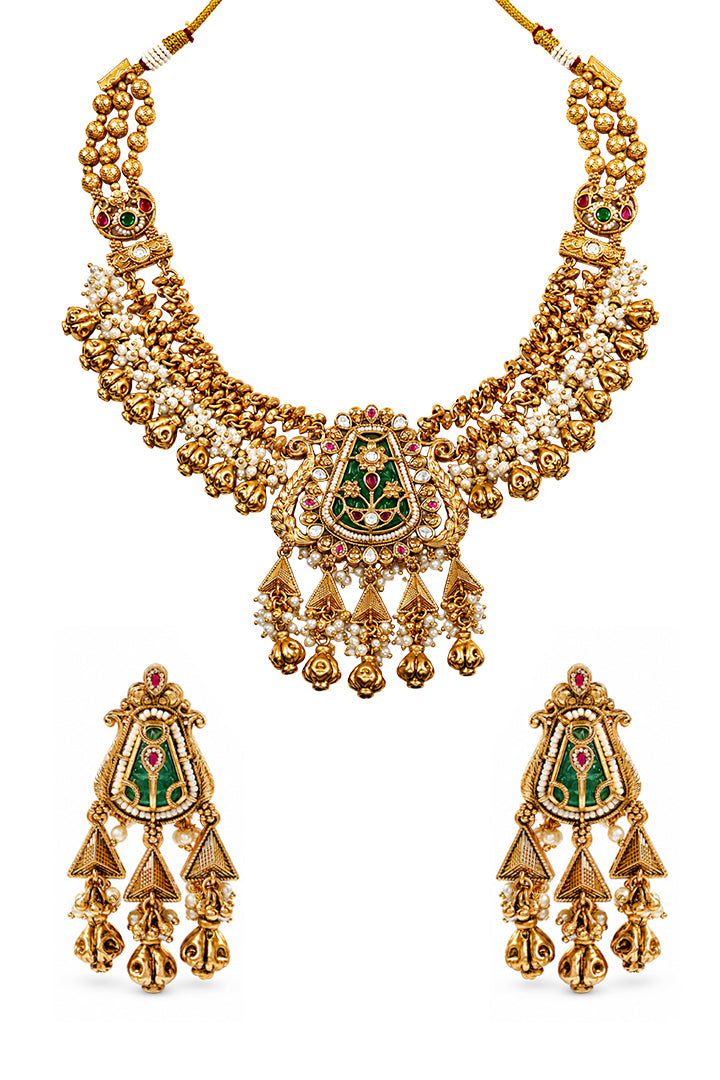 Panna Ghungroo Temple Necklace Set