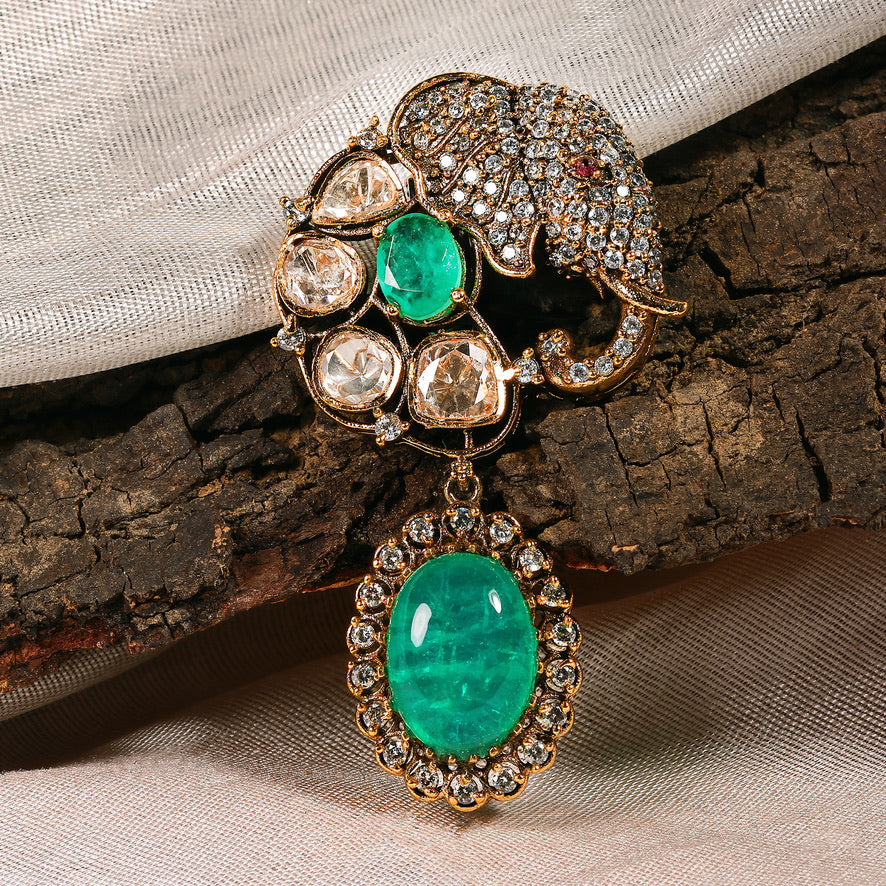 Elephant Motif Polki Brooch with Emerald