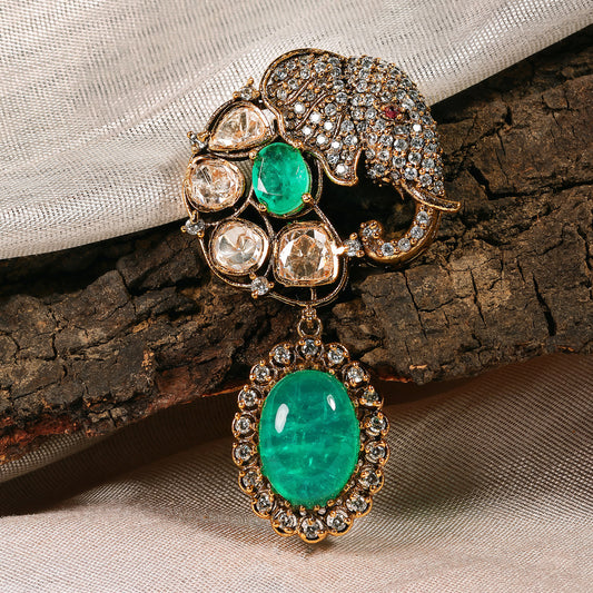 Elephant Motif Polki Brooch with Emerald