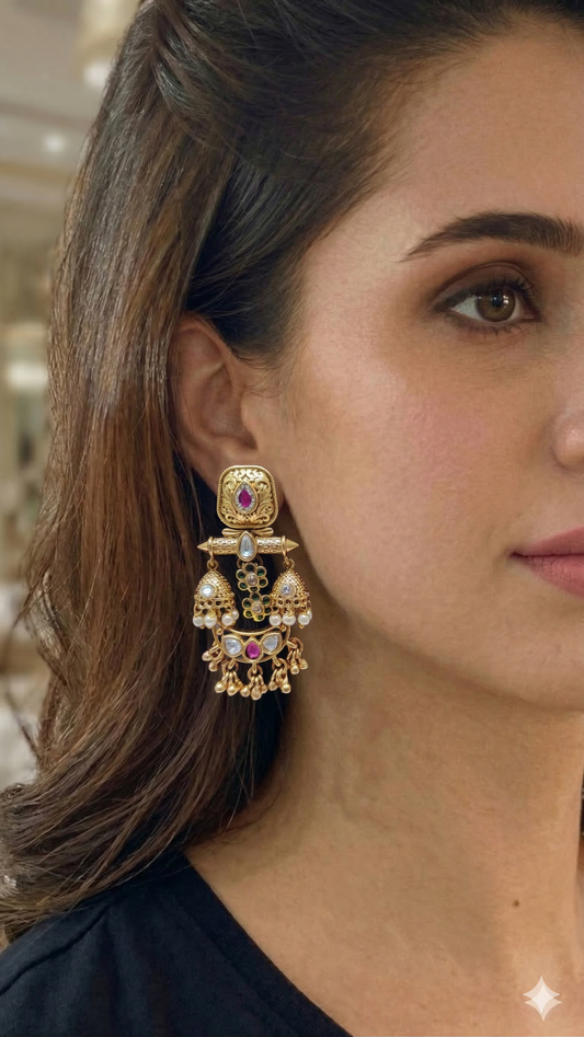 Ruby Pearl Temple Jhumka Earrings
