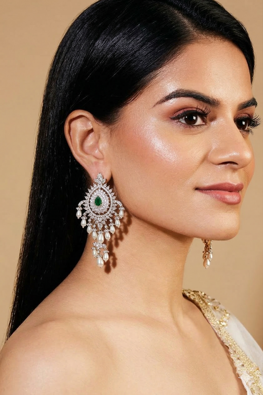 Emerald Teardrop Zircon Chandelier Earrings