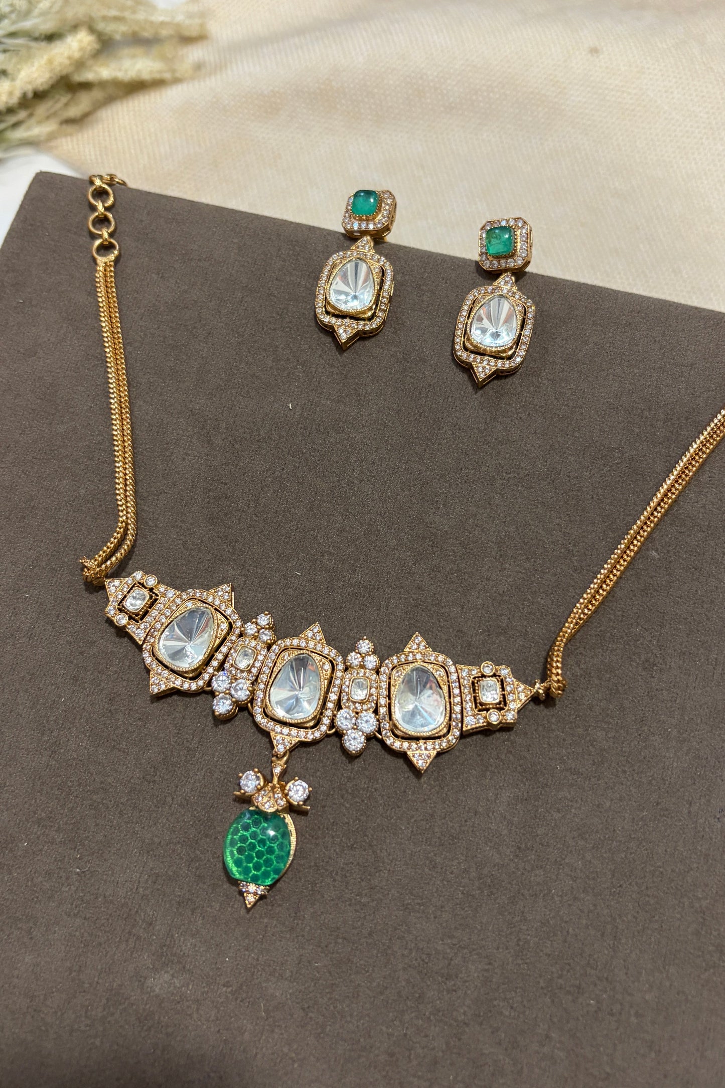 Emerald Drop Polki Necklace Set