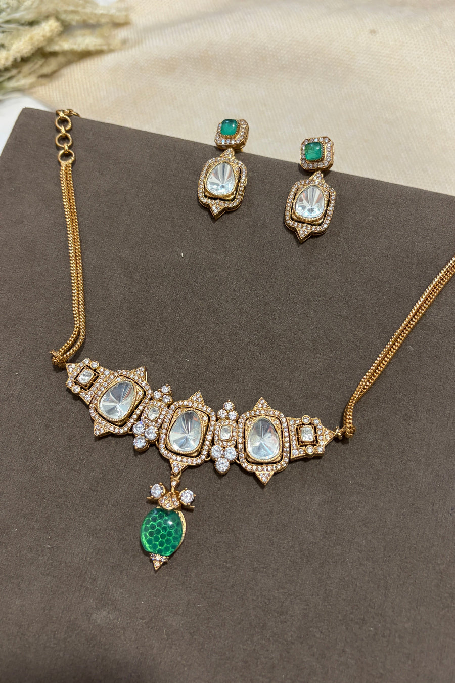 Emerald Drop Polki Necklace Set