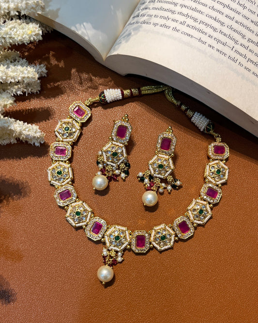 Ethnic Pearl Red Stone Necklace Set