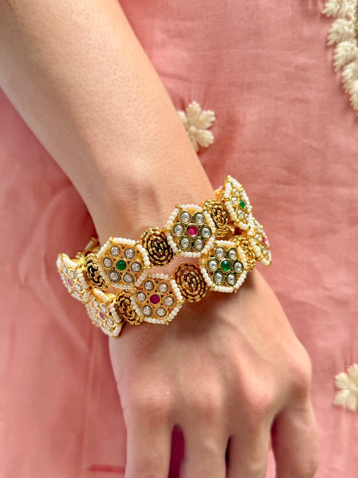 Temple Bangle Set with Pearl Accents