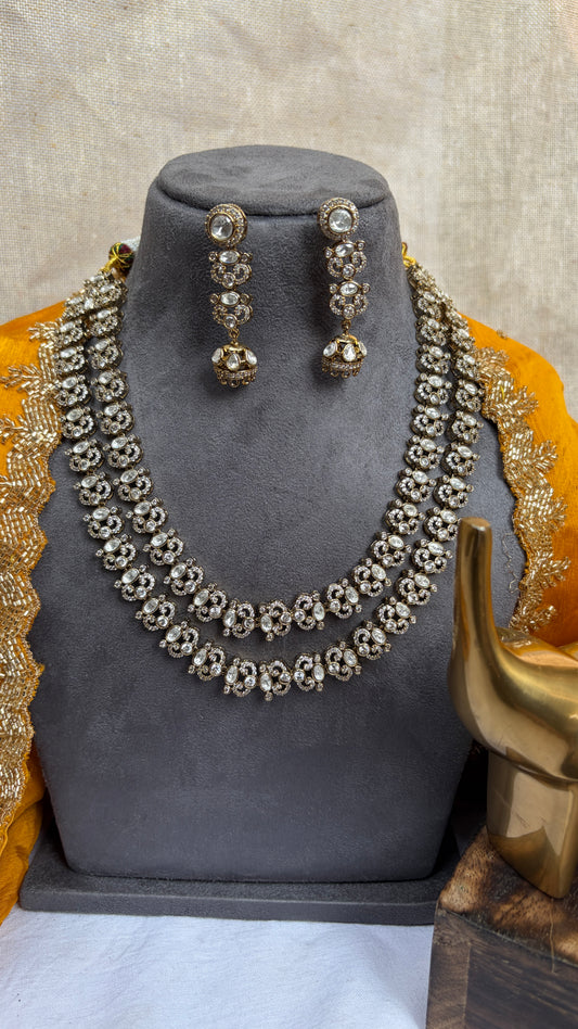 Two Row Polki & Zircon Necklace Set