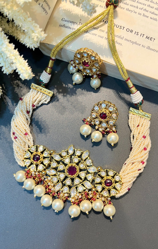 Pearl Kundan Choker with Red Accents