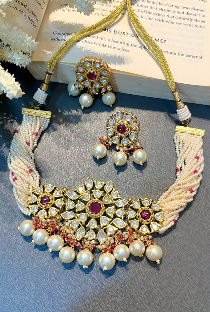 Pearl Kundan Choker with Red Accents