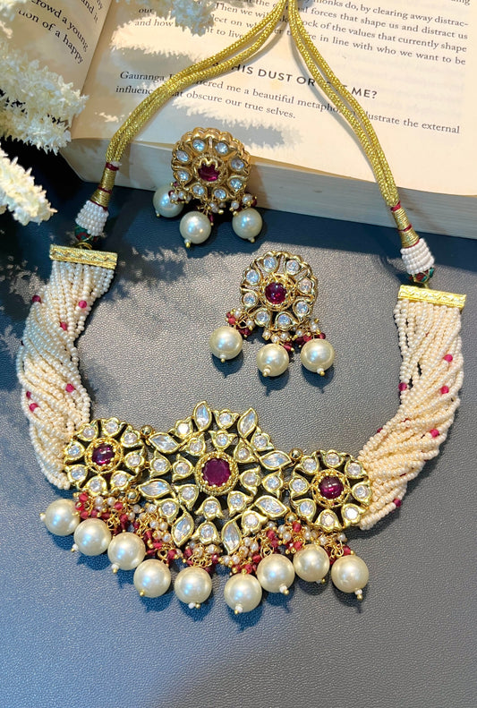 Pearl Kundan Choker with Red Accents