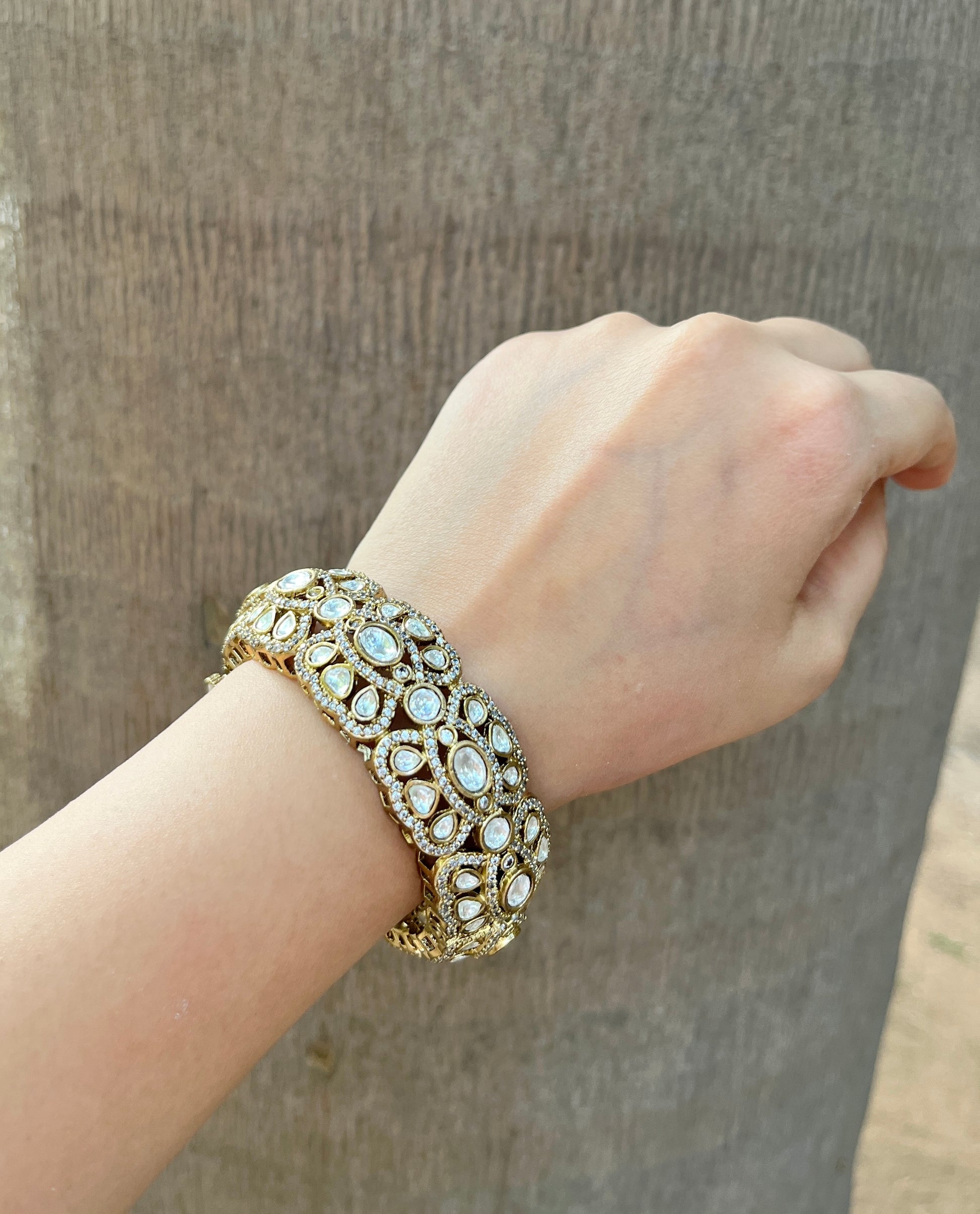 Gold Finish Polki Kada with Zircons