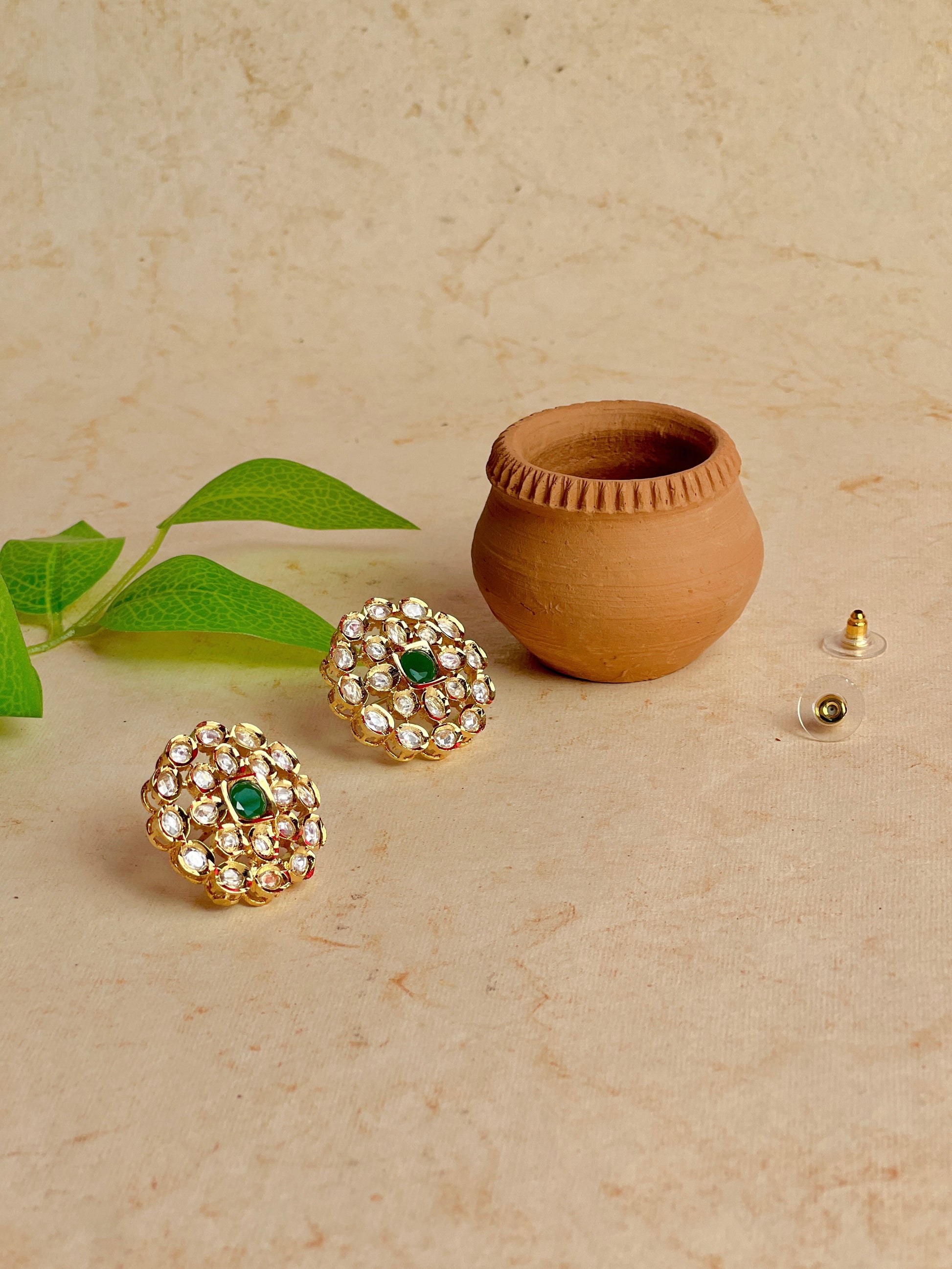 Green Center Kundan Stud Earrings