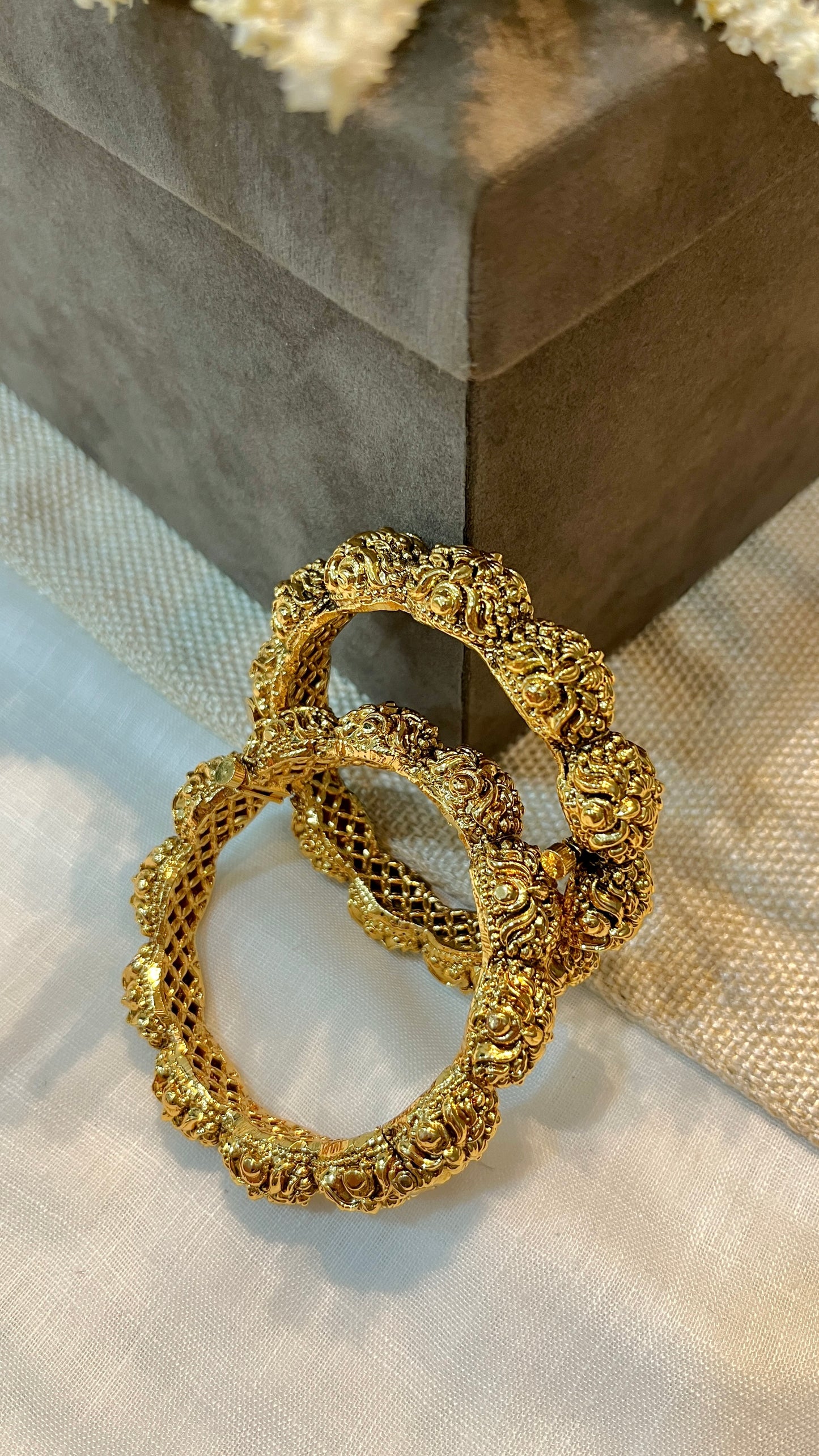 Carved Gold Finish Temple Bangle Set