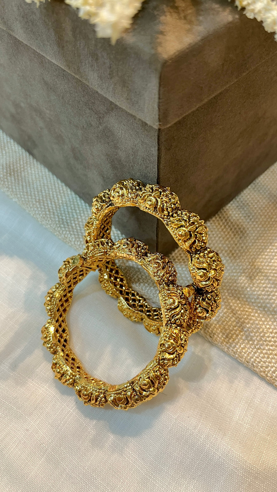 Carved Gold Finish Temple Bangle Set