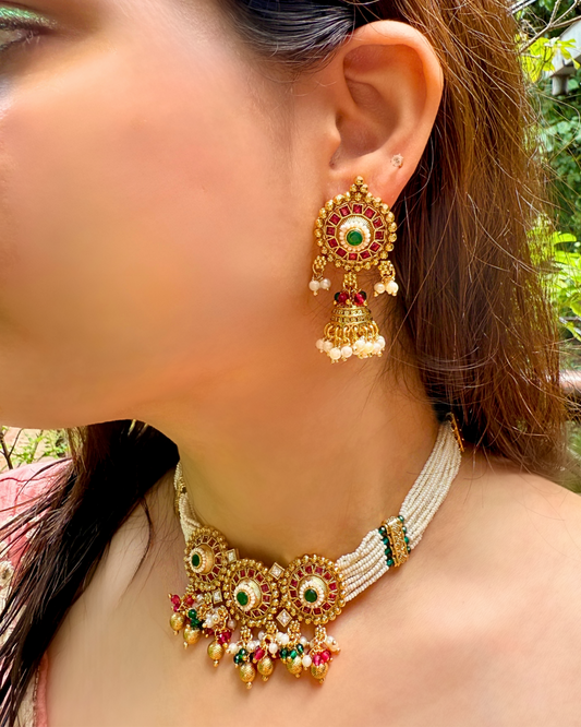Gold Finish Multi-Stone Pearl Necklace Set