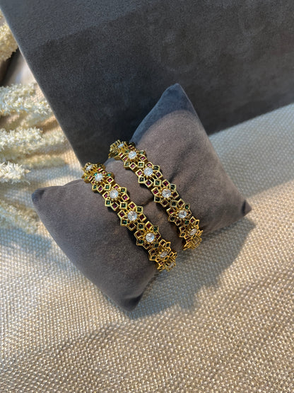 Gold Floral Multi Stone Bangles