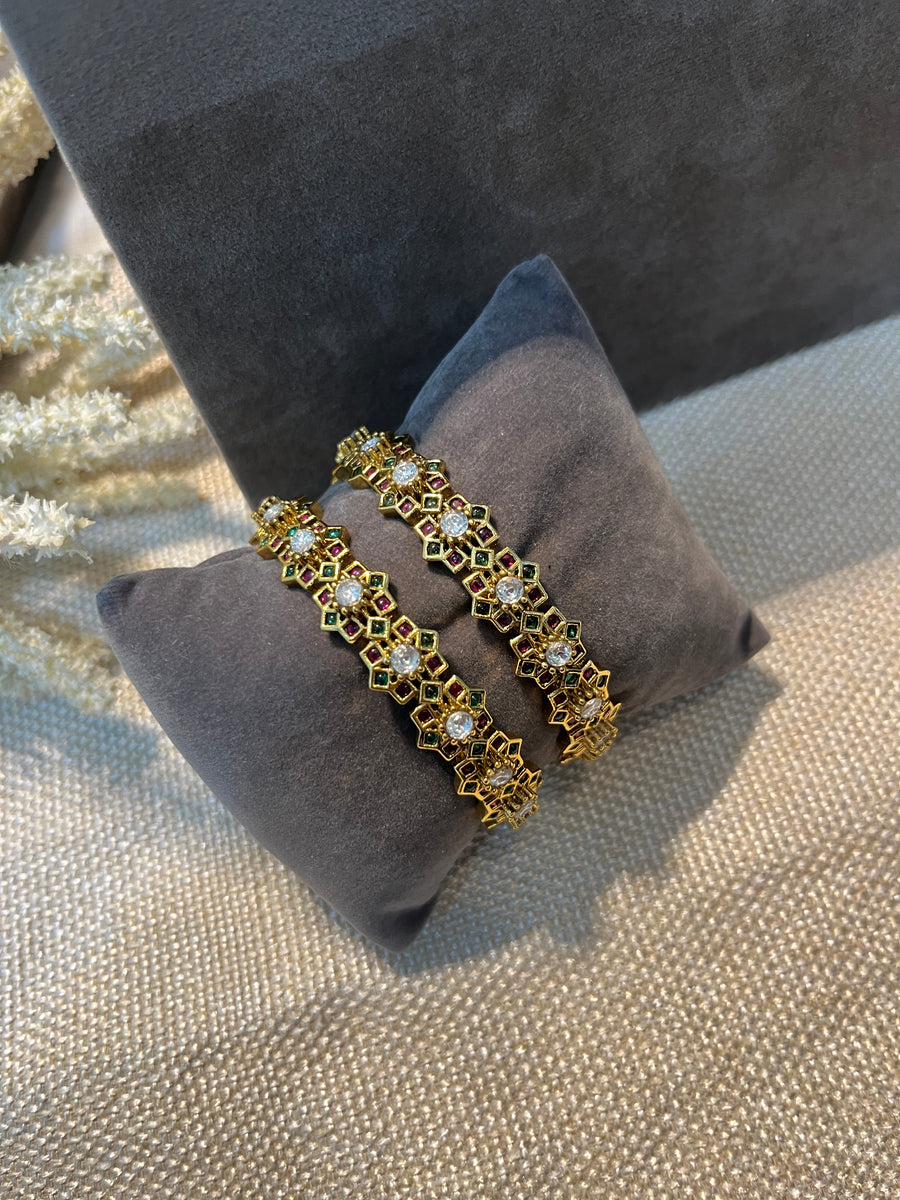 Gold Floral Multi Stone Bangles