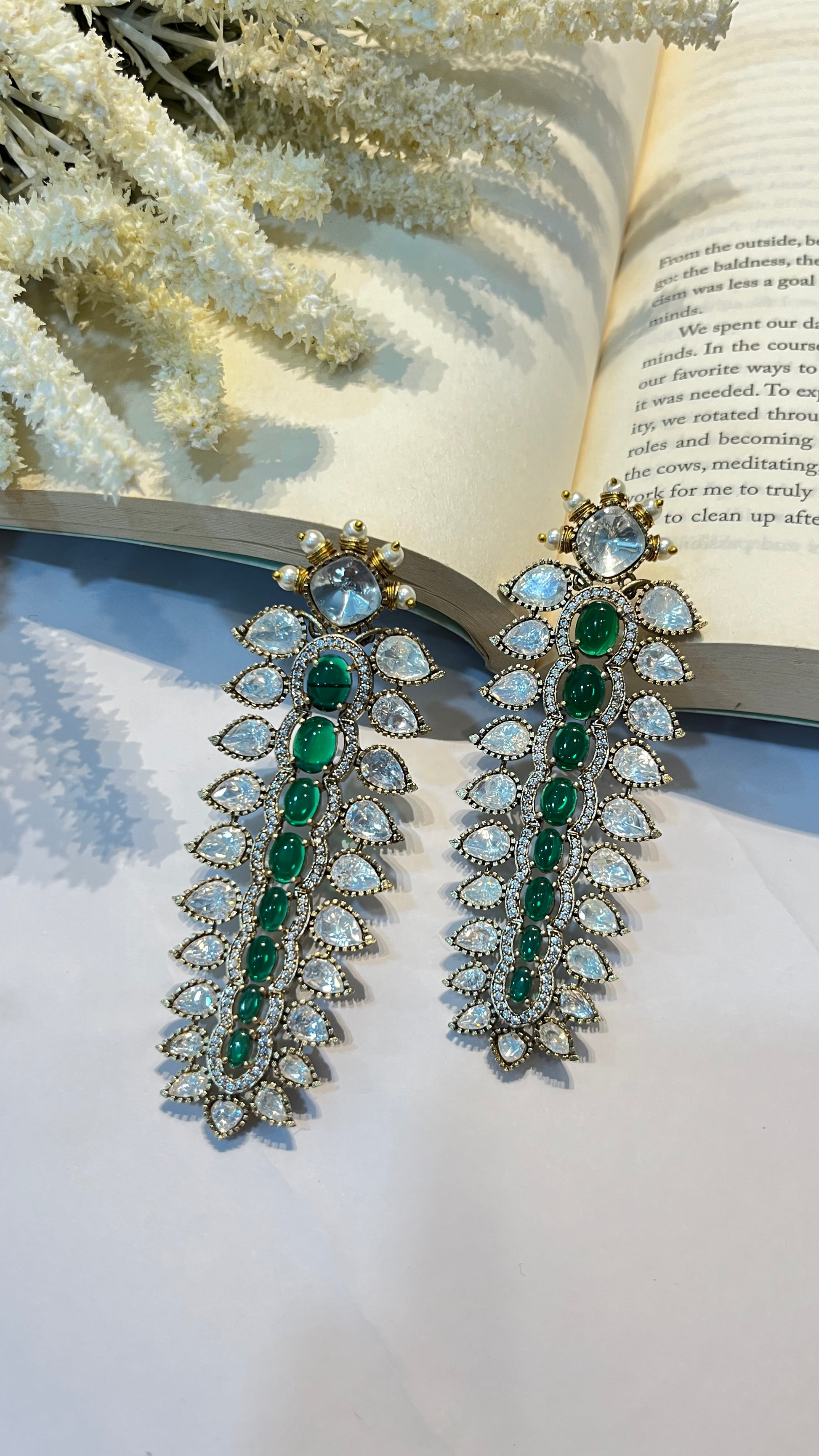 Green Polki Earrings with Miligrain Accent