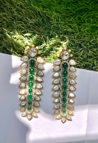 Green Polki Earrings with Miligrain Accent