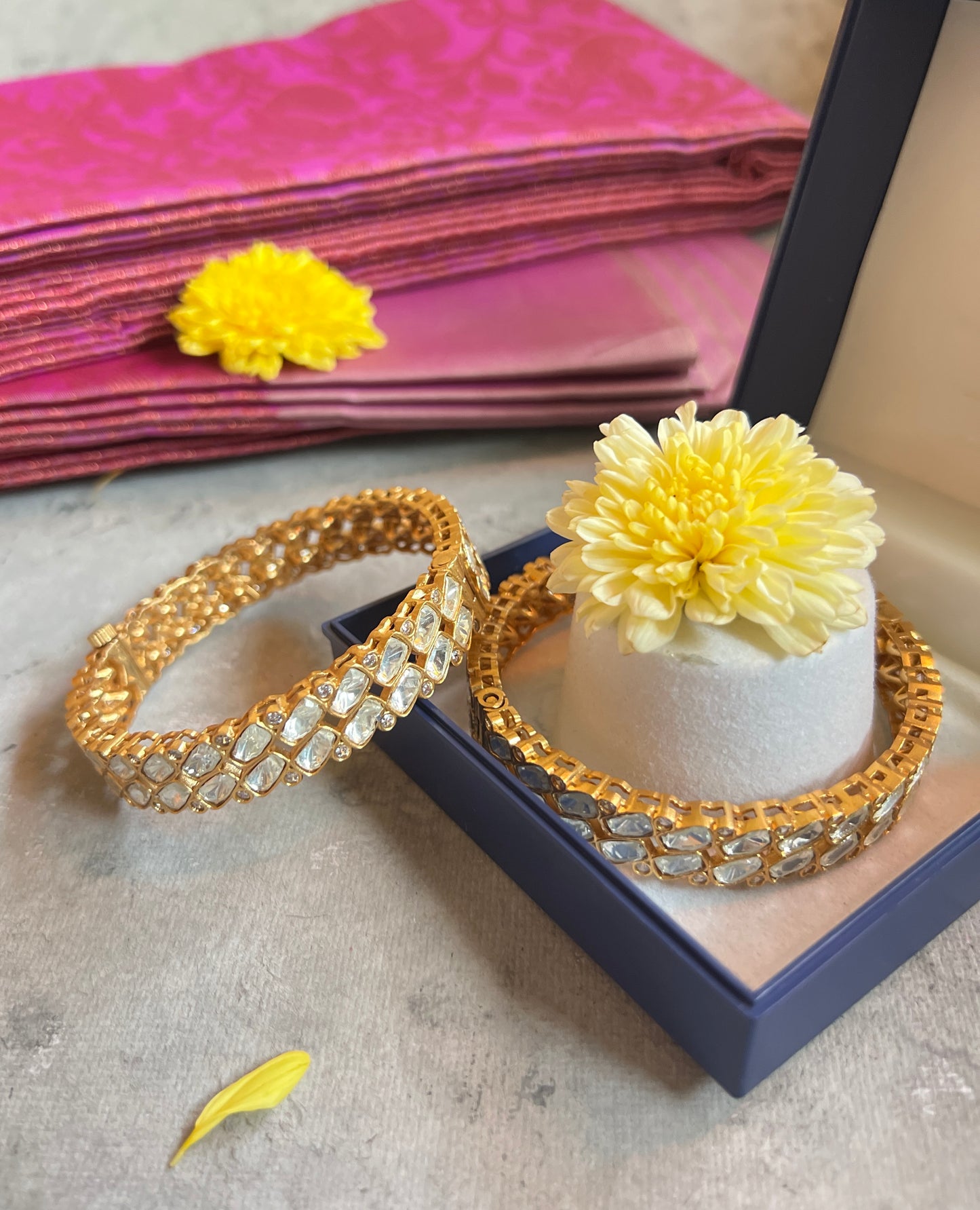 Gold Openable Polki Studded Bangles