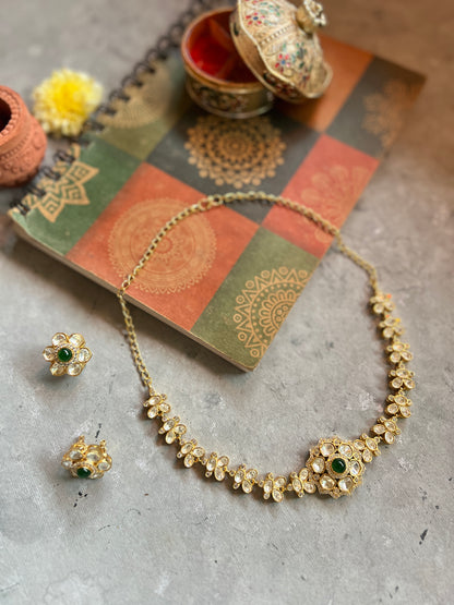 Green Accent Moissanite Polki Necklace Set