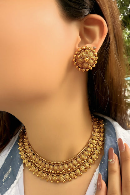Traditional Temple Necklace Set in Gold Finish