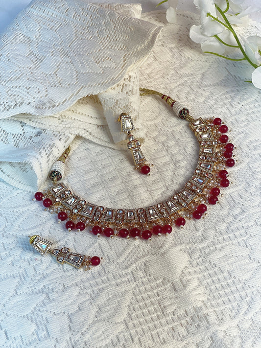 Red Bead Kundan Zircon Necklace Set