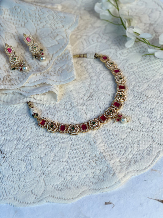 Ethnic Pearl Red Stone Necklace Set
