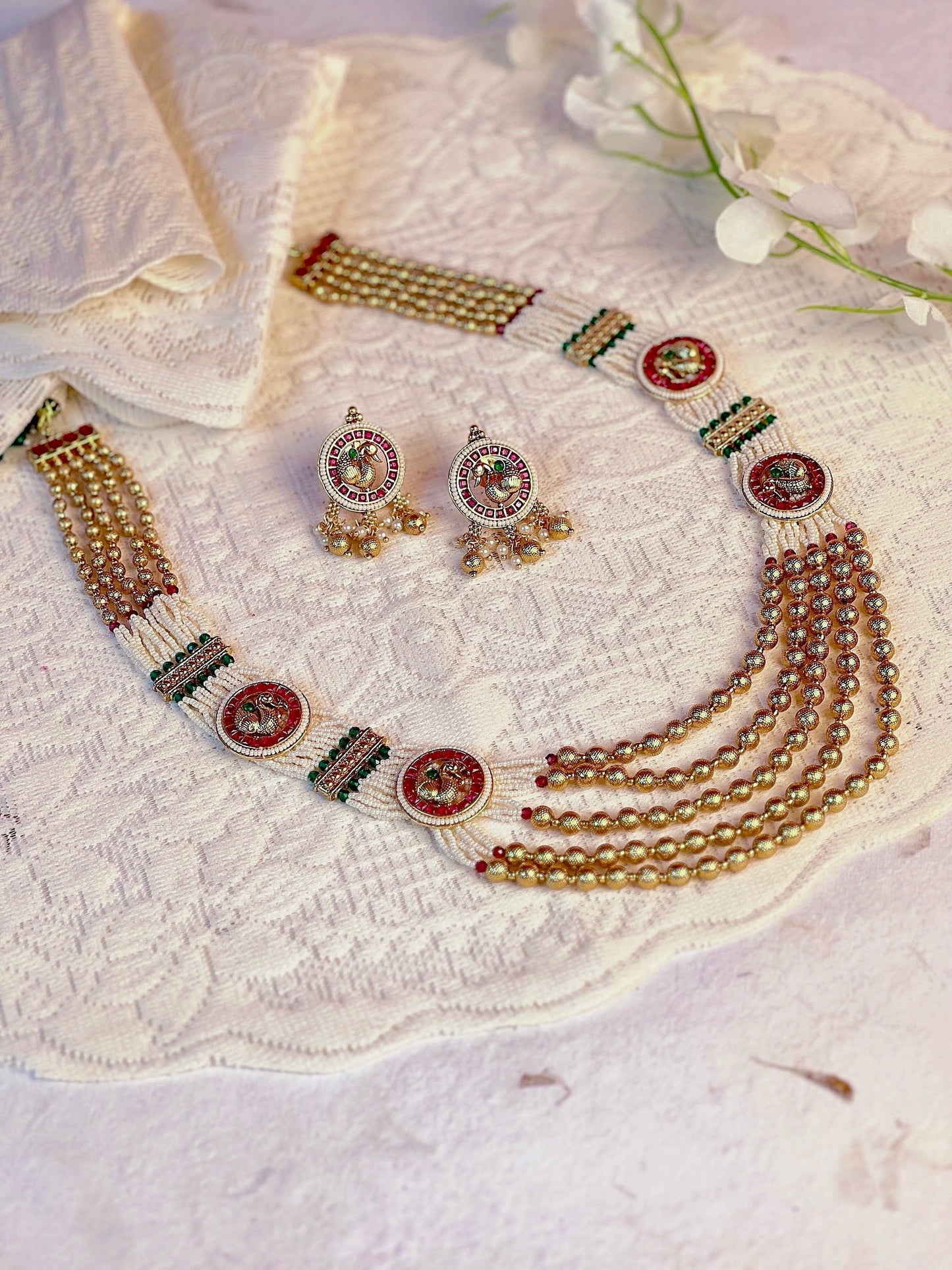 Pearl Temple Necklace Set with Beads