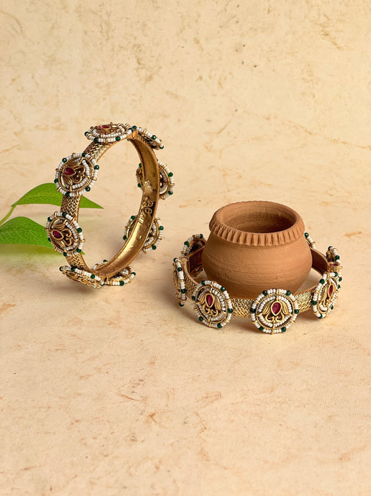Temple Coin Motif Bangles with Pearls