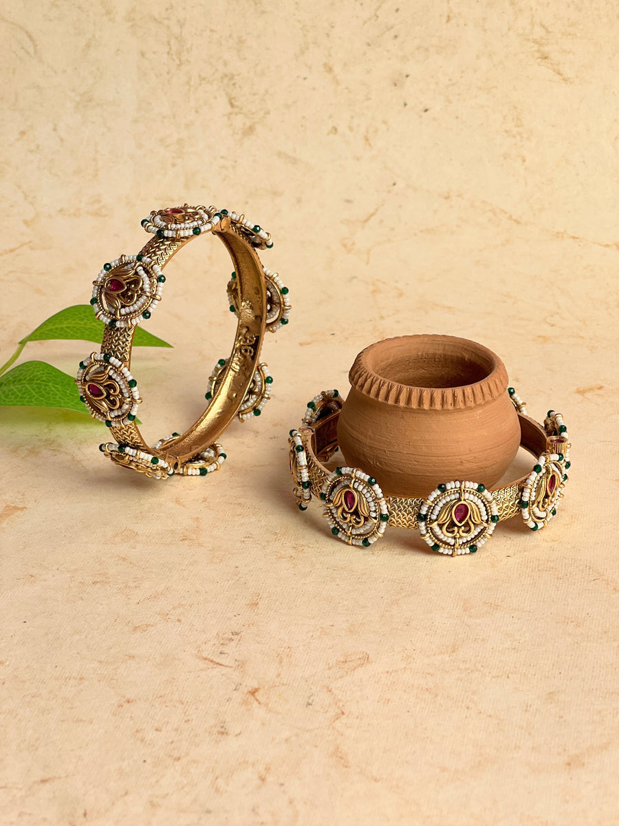 Temple Coin Motif Bangles with Pearls