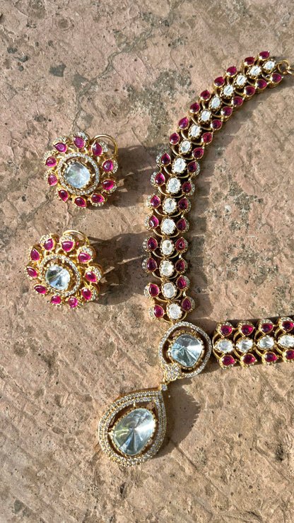 Red Polki Necklace Set with Zircon Details