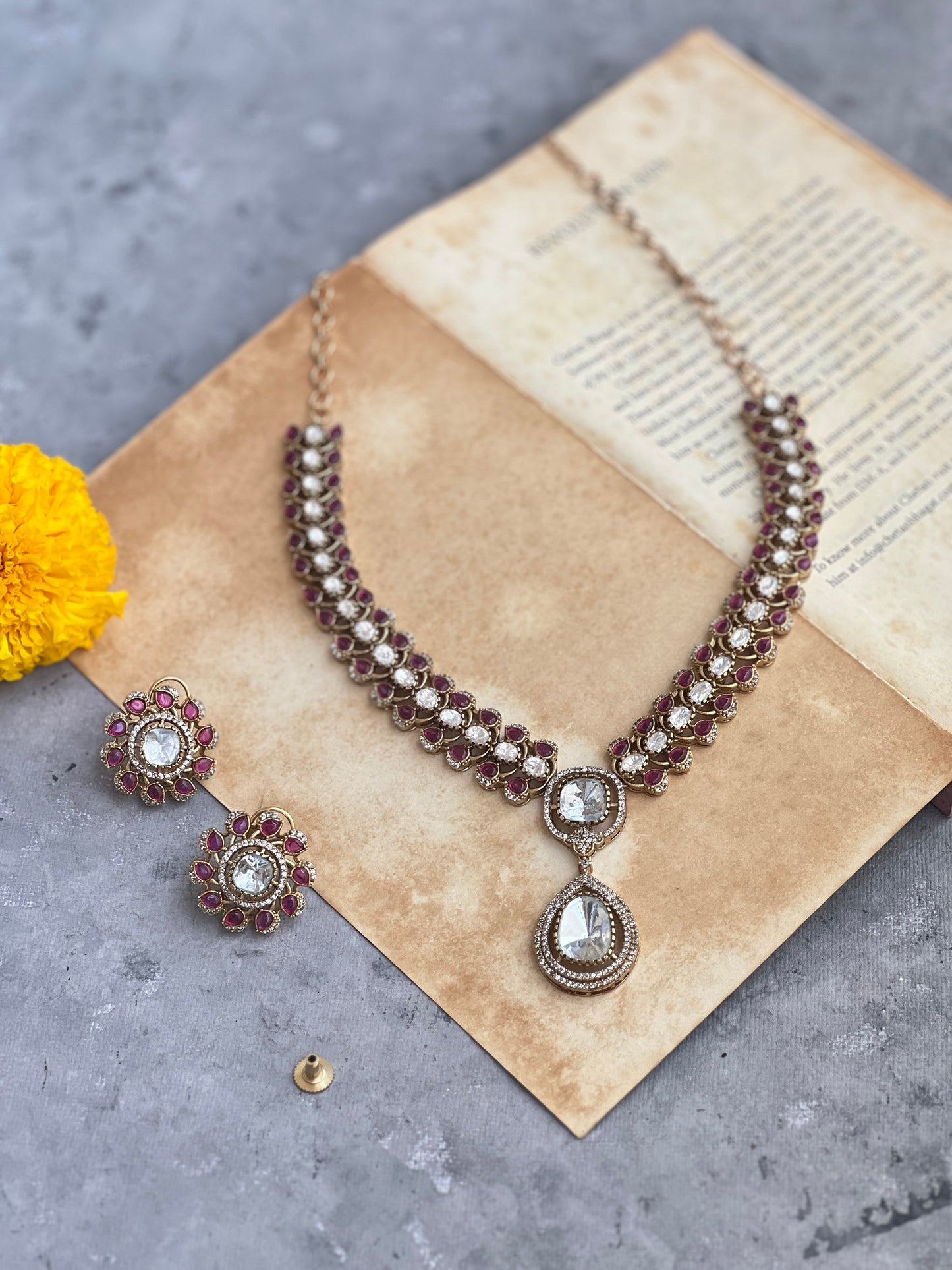 Red Polki Necklace Set with Zircon Details