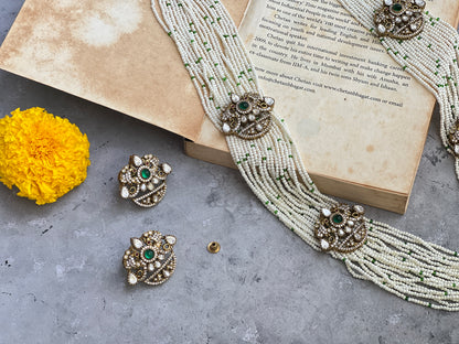 Pearl Polki Long Necklace with Green Accents