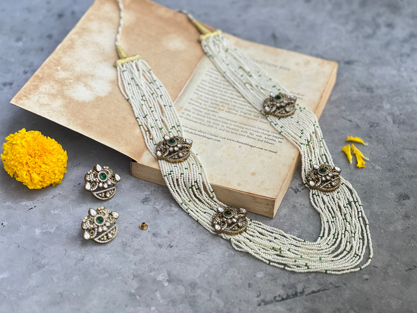 Pearl Polki Long Necklace with Green Accents