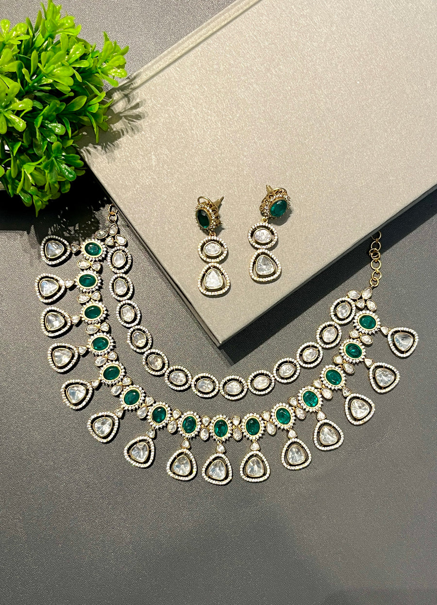 Green Stone Polki Zircon Necklace Set