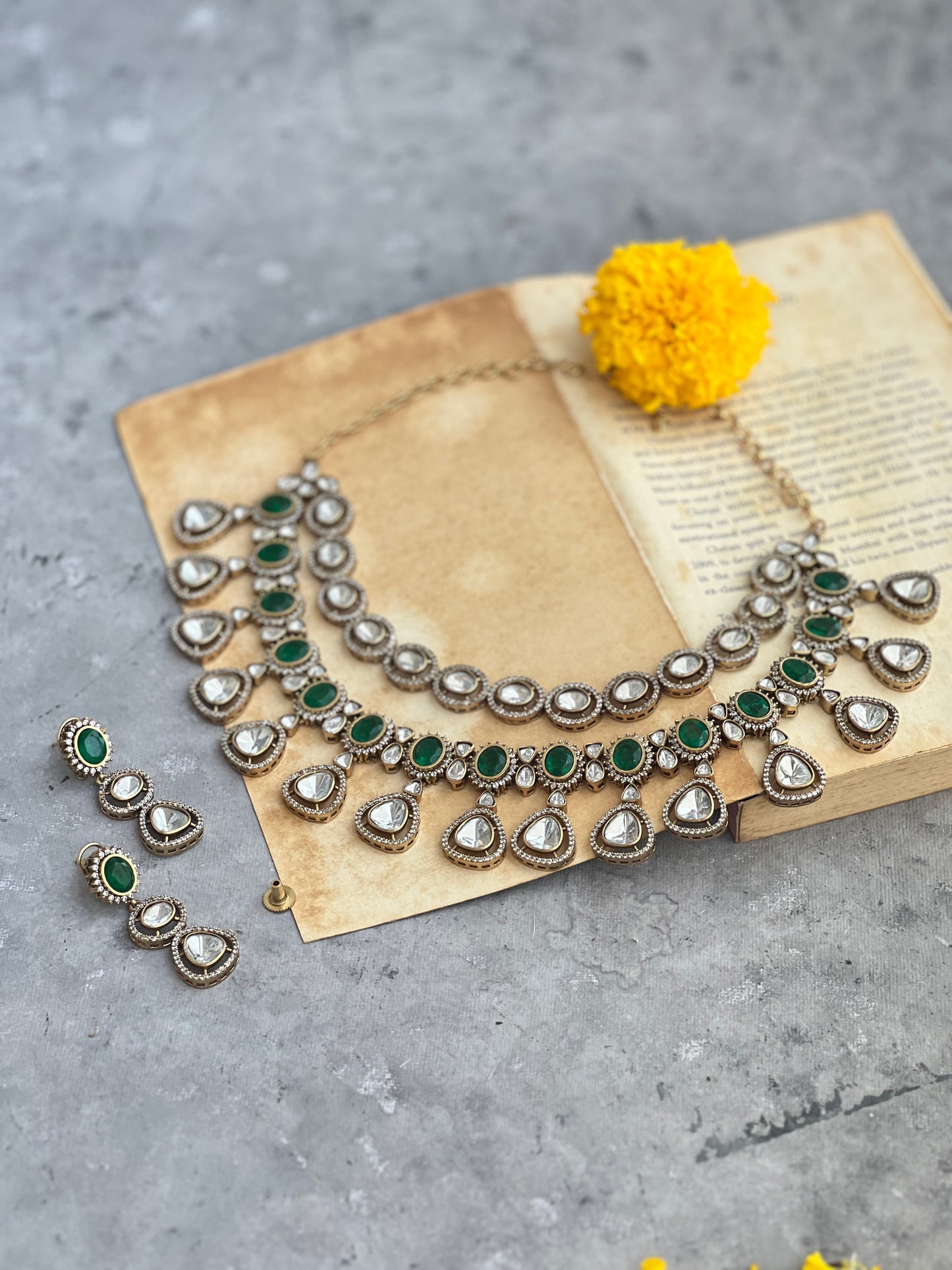 Green Stone Polki Zircon Necklace Set