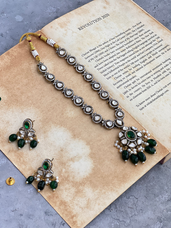 Long Polki Necklace with Green Beads