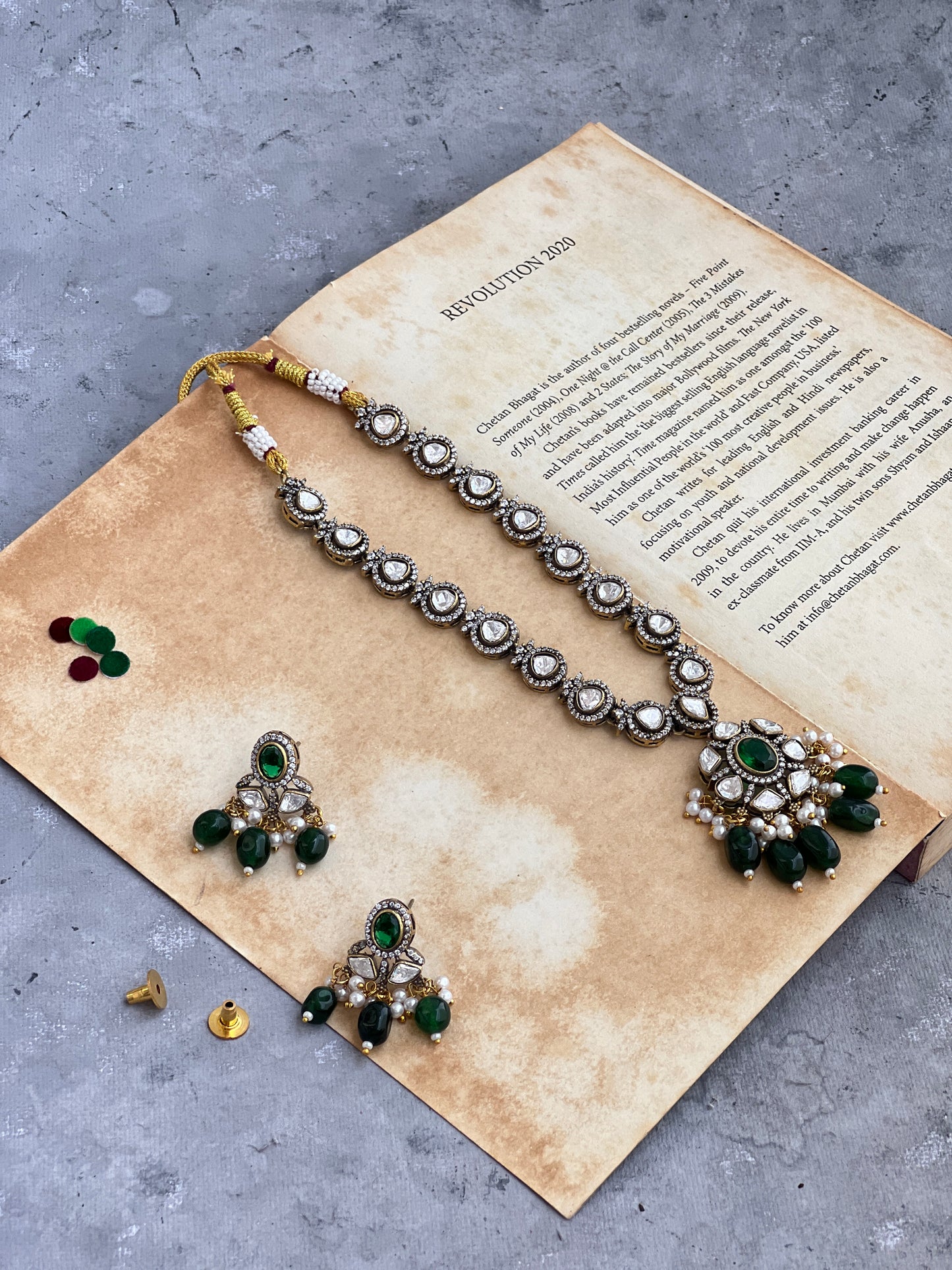 Long Polki Necklace with Green Beads