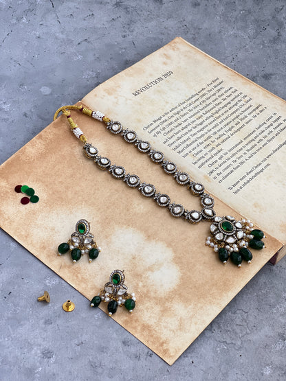 Long Polki Necklace with Green Beads