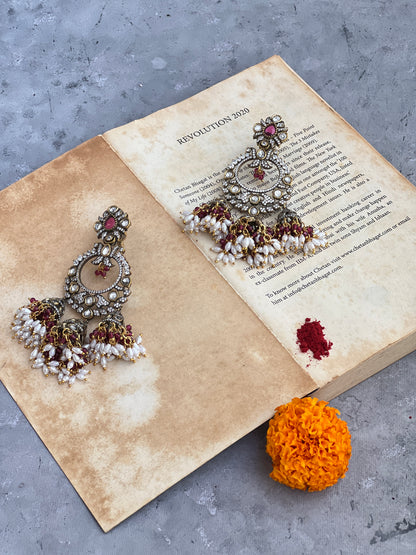 Black Rhodium Polki Earrings with Pearls