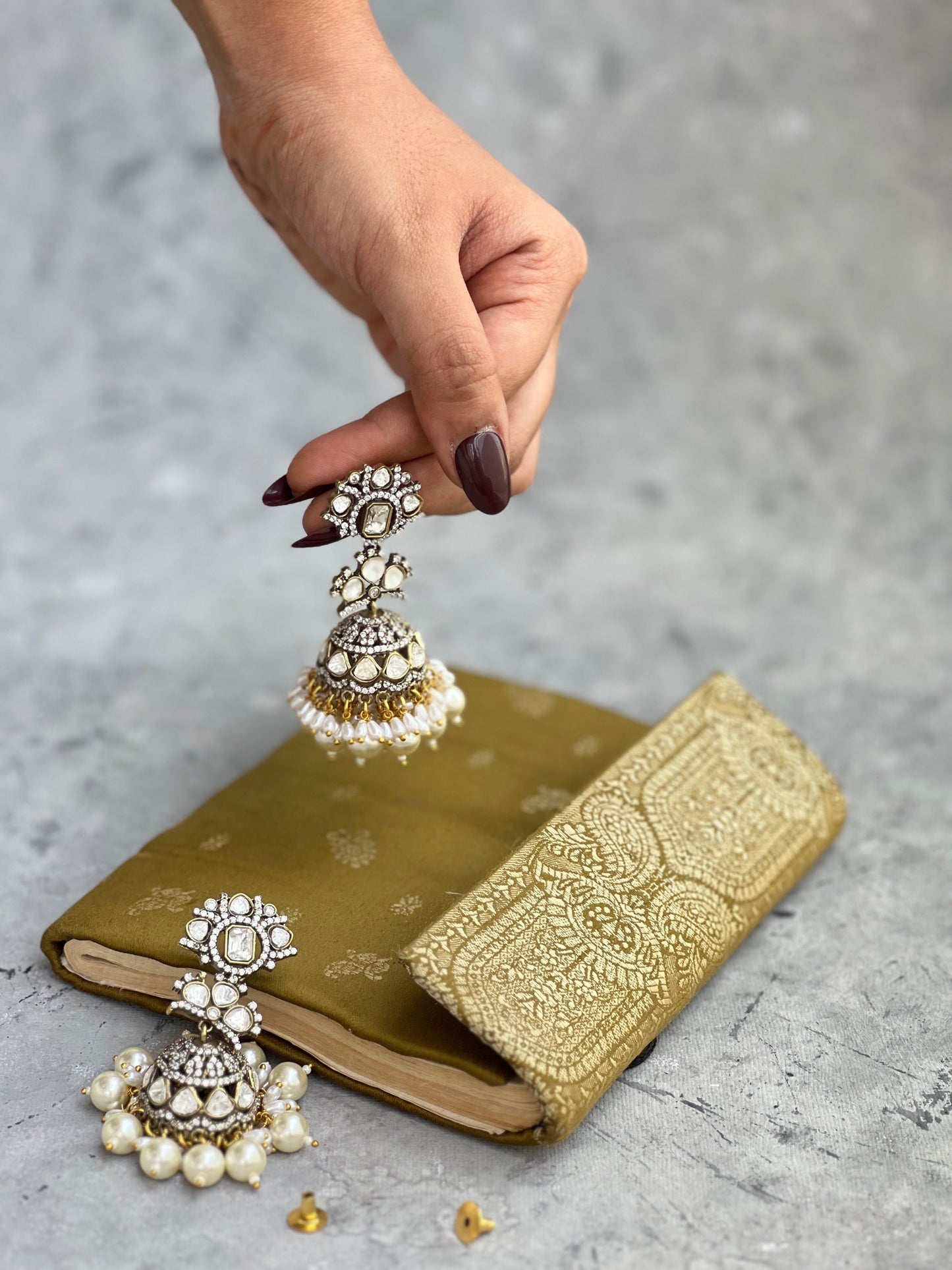 Pearl Polki Jhumkis with Zircon Accents