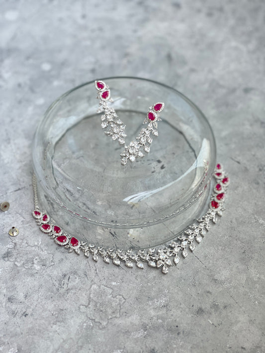 Red White Zircon Floral Necklace Set