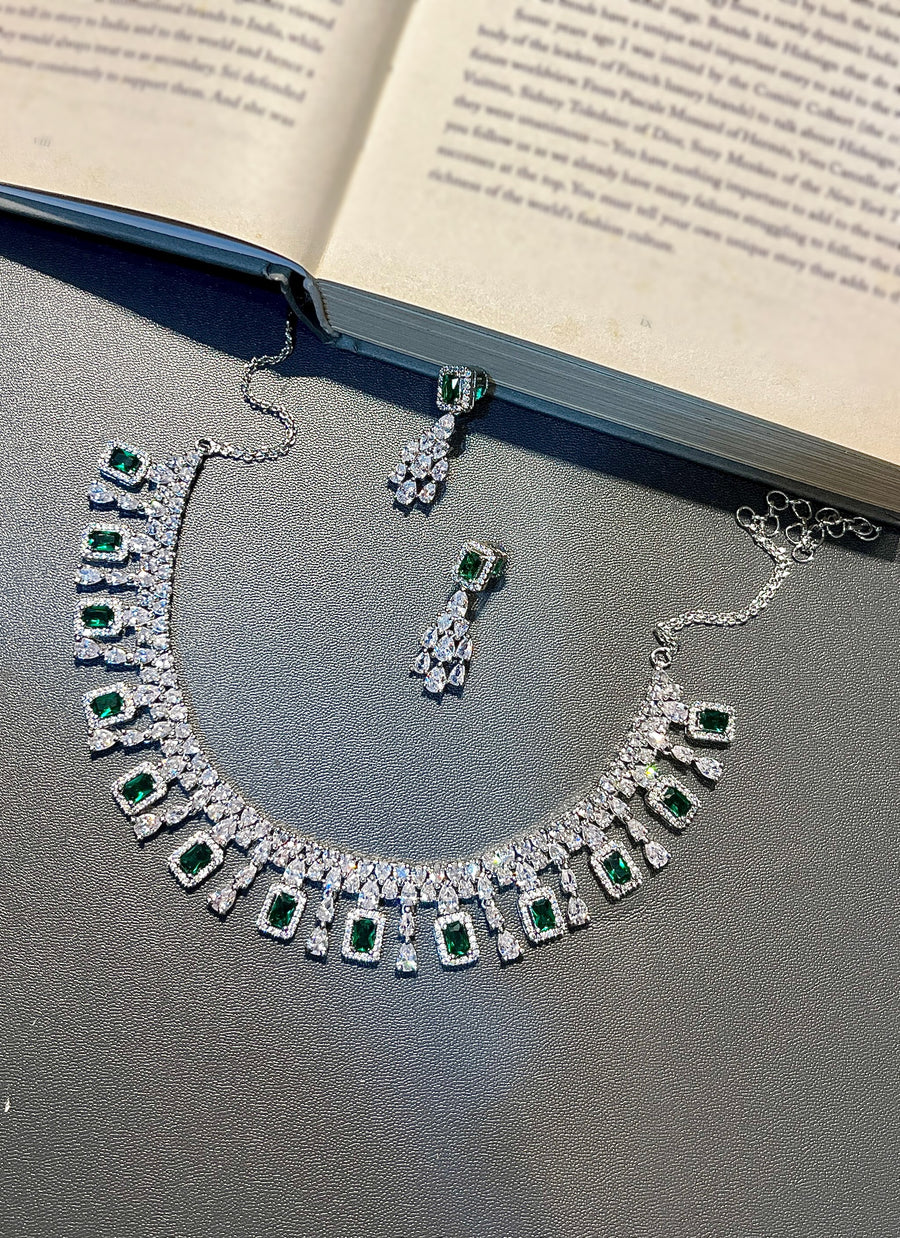 Green Zircon Necklace Set White Finish