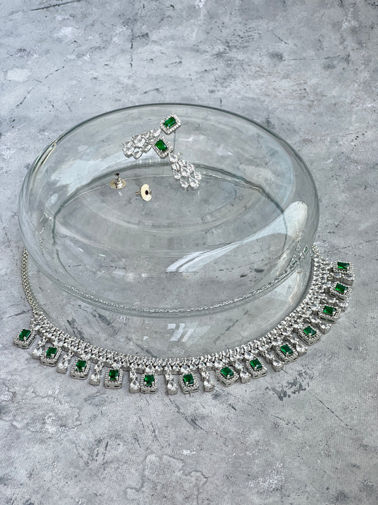 Green Zircon Necklace Set White Finish