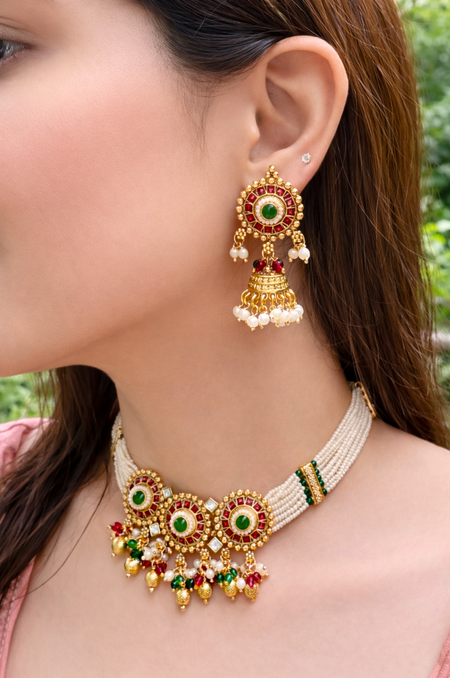 Gold Finish Multi-Stone Pearl Necklace Set