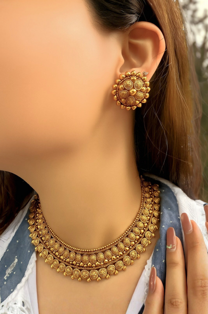 Traditional Temple Necklace Set in Gold Finish